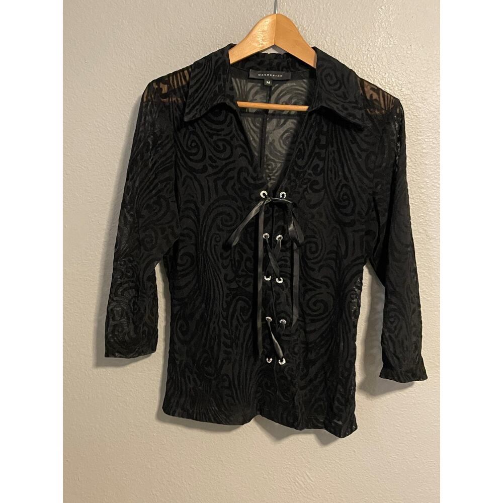 Mesmerize Top Womens Medium Black Lace Up Paisley Velvet Trim Mesh Whimsigoth